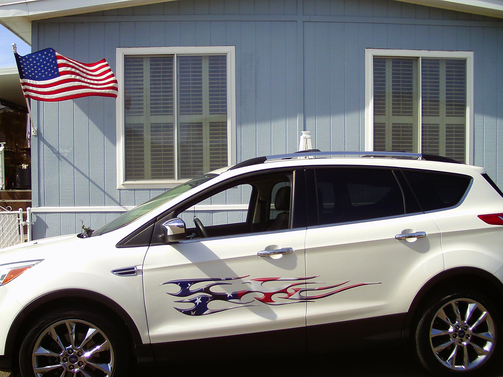 American Flag Flame Decals on white SUV