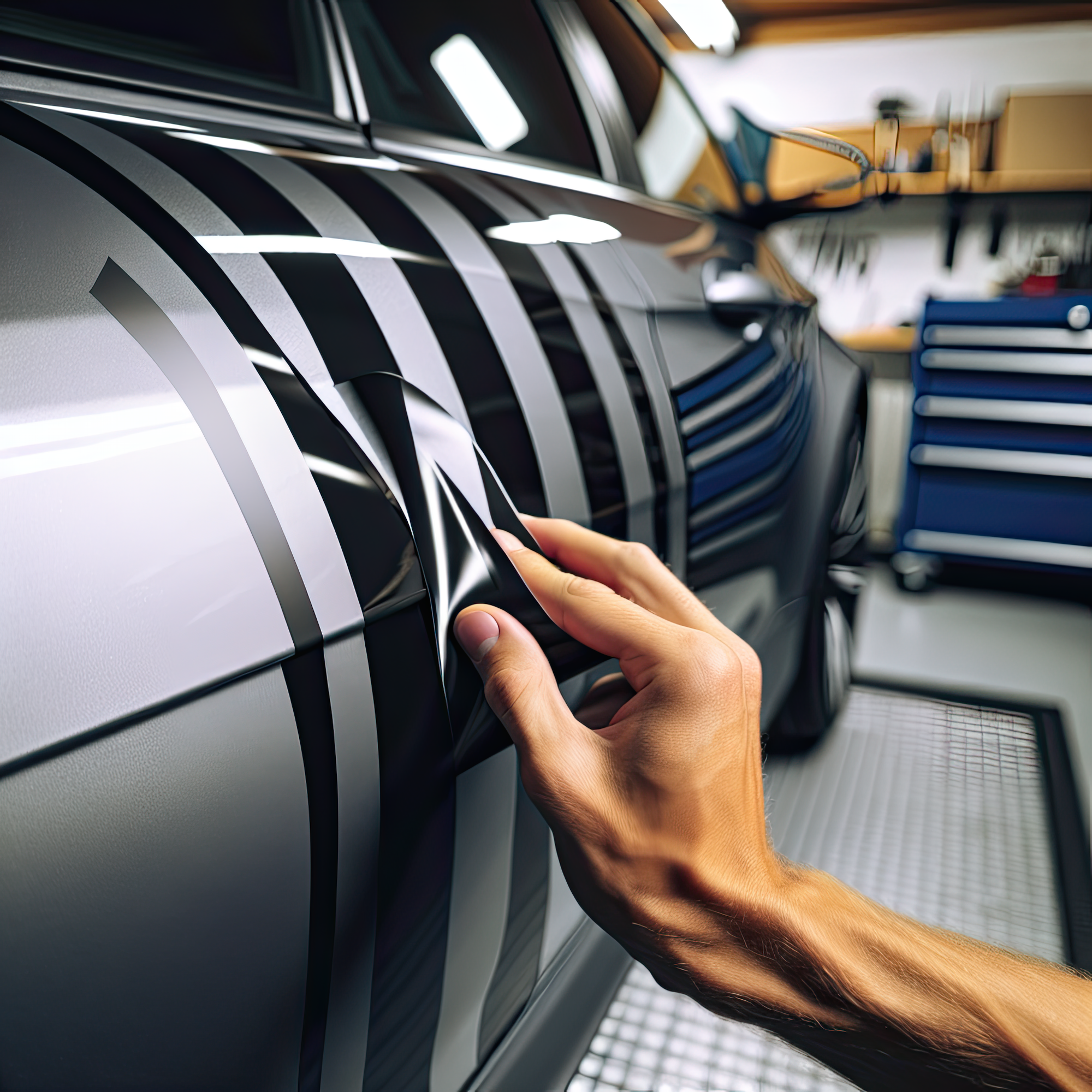 black vinyl decal stripes being removed from side of silver car