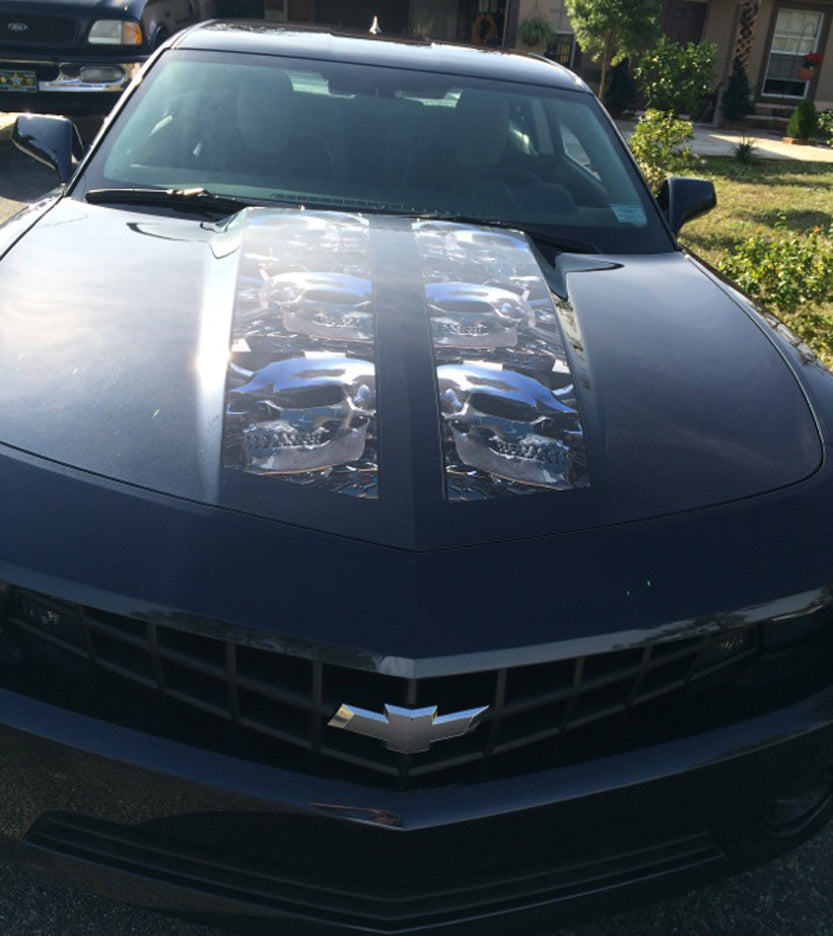 chrome skulls hood decals on a black 2010 Camaro