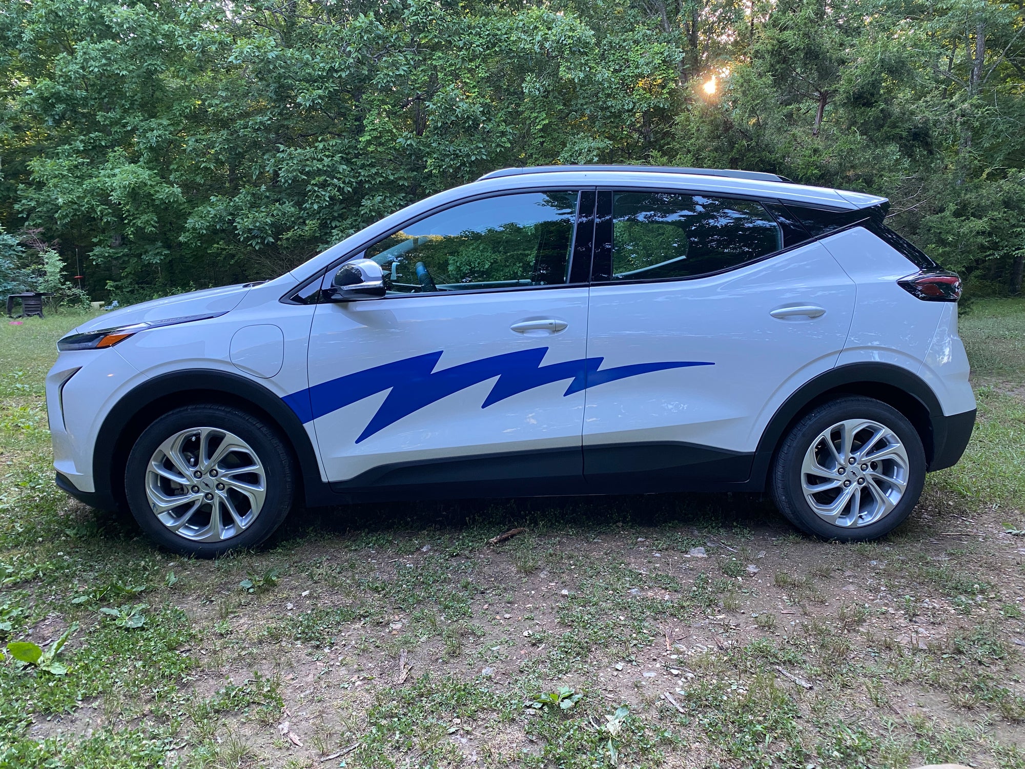 large lightning bolt decal sticker on the side of chevy ev car