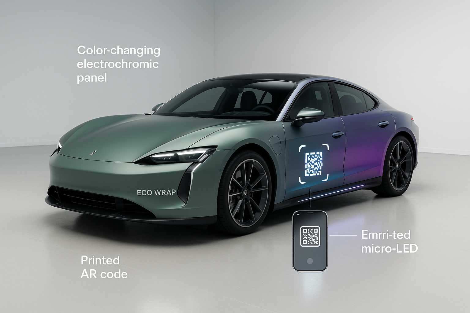 Photo-realistic studio shot of a sleek electric sports car that visualizes upcoming vehicle-graphics technology
