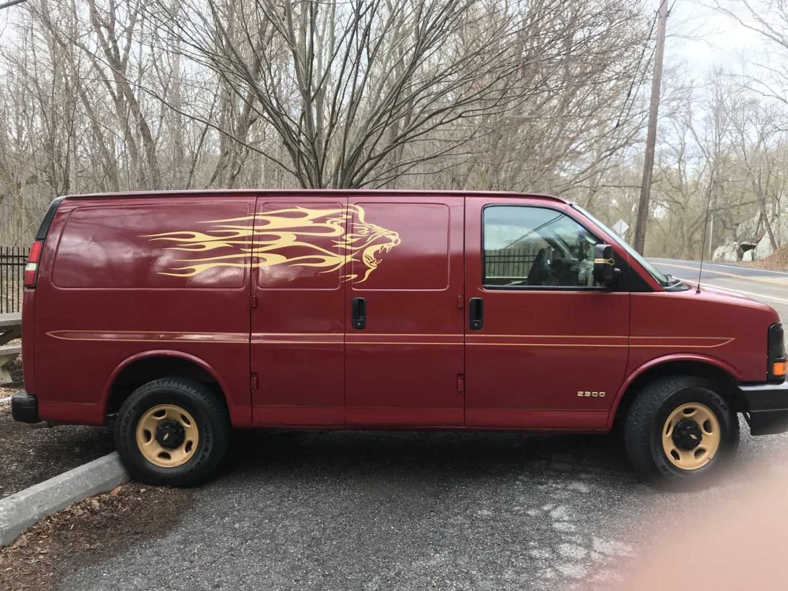 Gold Lion Head Flames vinyl-cut decal installed across the upper side panels of a red cargo van
