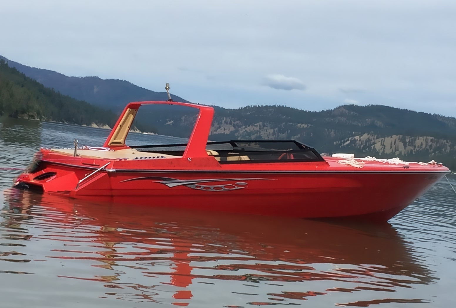 Silver Cosmos vinyl decal on red speed boat, side view on the water — customer gallery photo