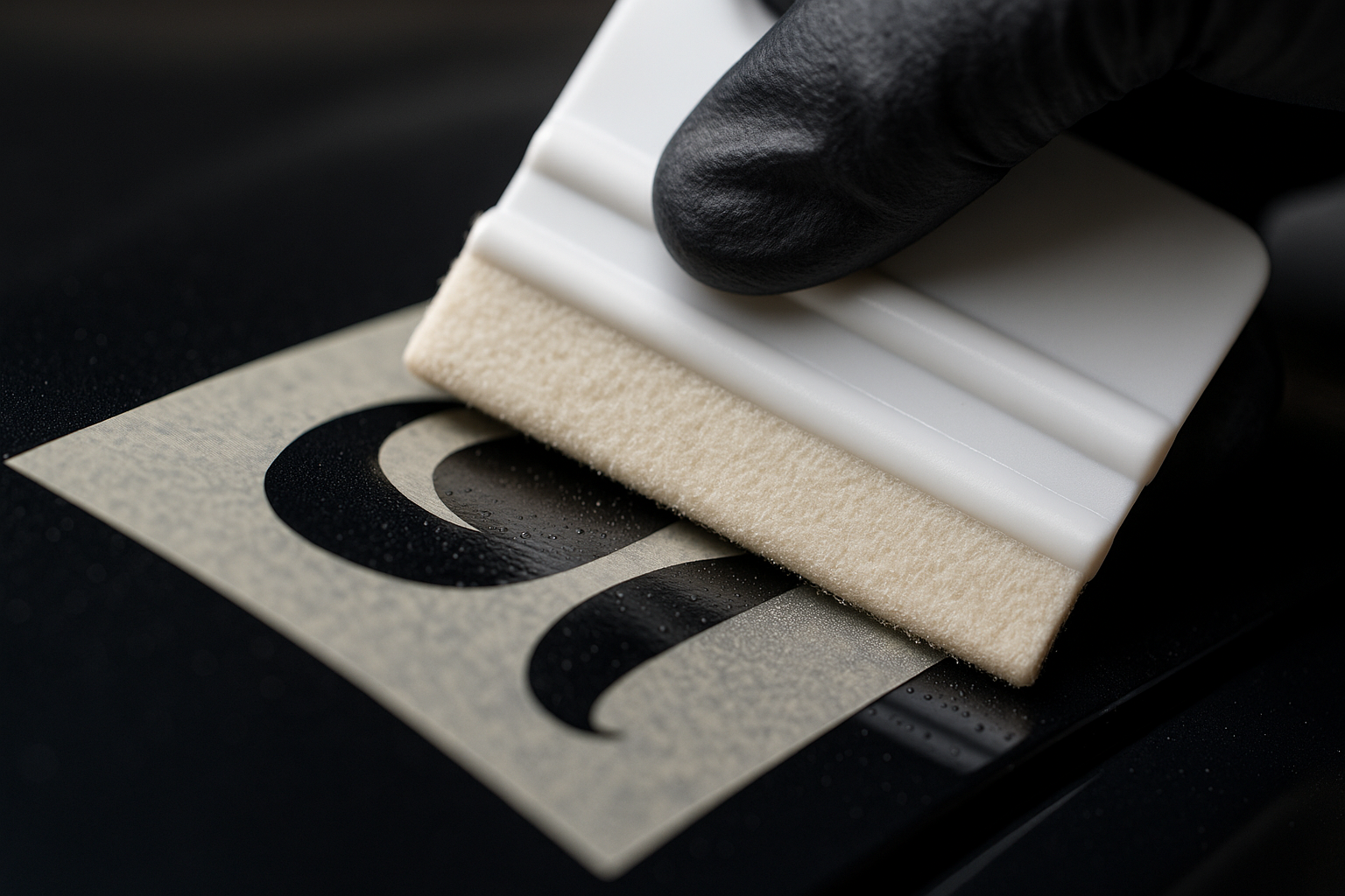 white squeegee going over black decal lettering install