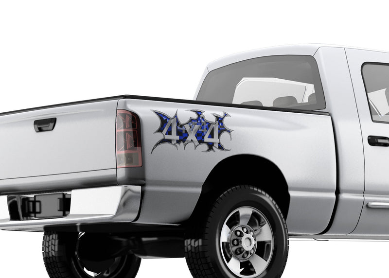 4x4 blue checkers decal on white truck bed