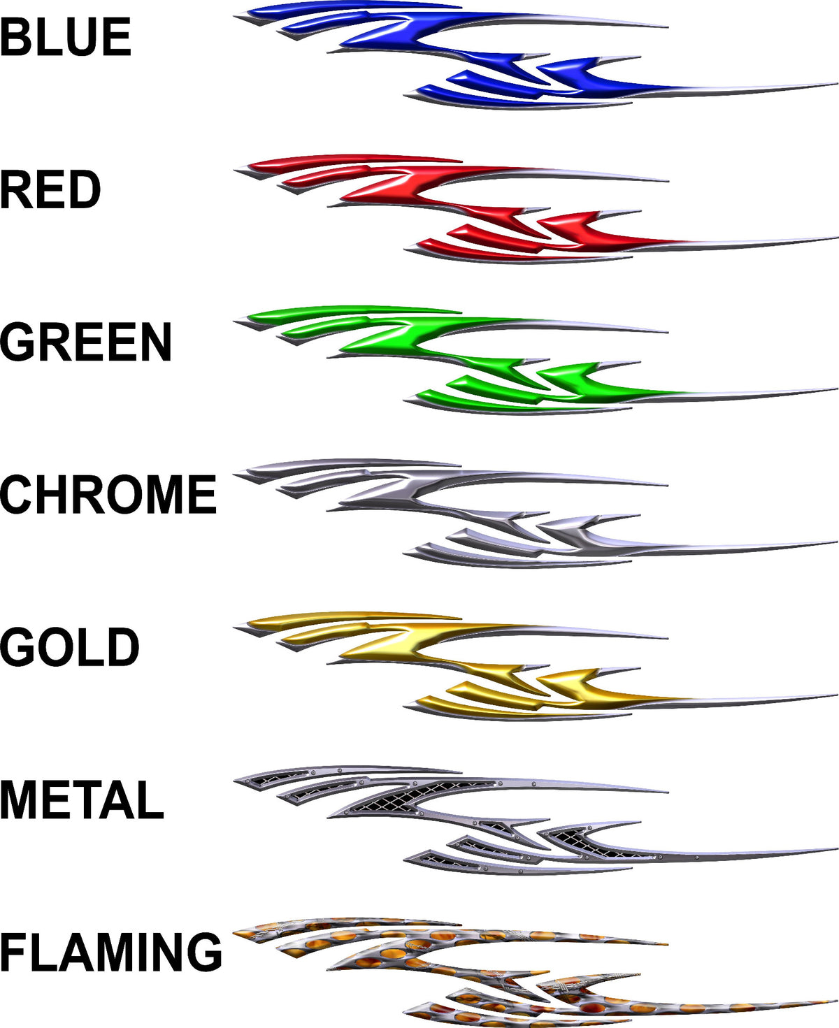 Aero Spike vinyl decal style chart showing Blue Red Green Chrome Gold Metal and Flaming options