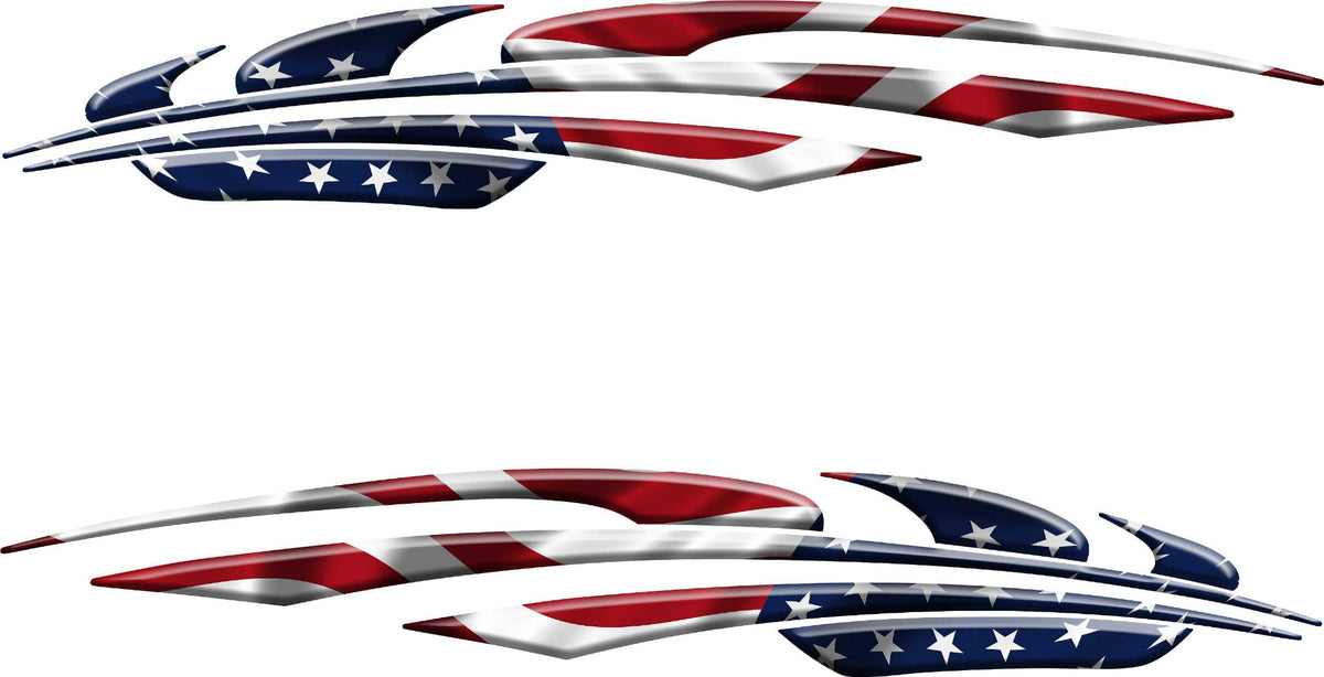 American flag Comet Arc vinyl decal set for cars trucks and semi trailers shown as mirrored left and right side graphics