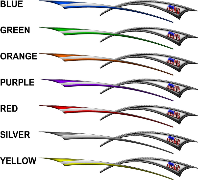 American flag carbon-fiber swoosh stripe vinyl decals in seven colors (blue, green, orange, purple, red, silver, yellow) shown as side graphics options.