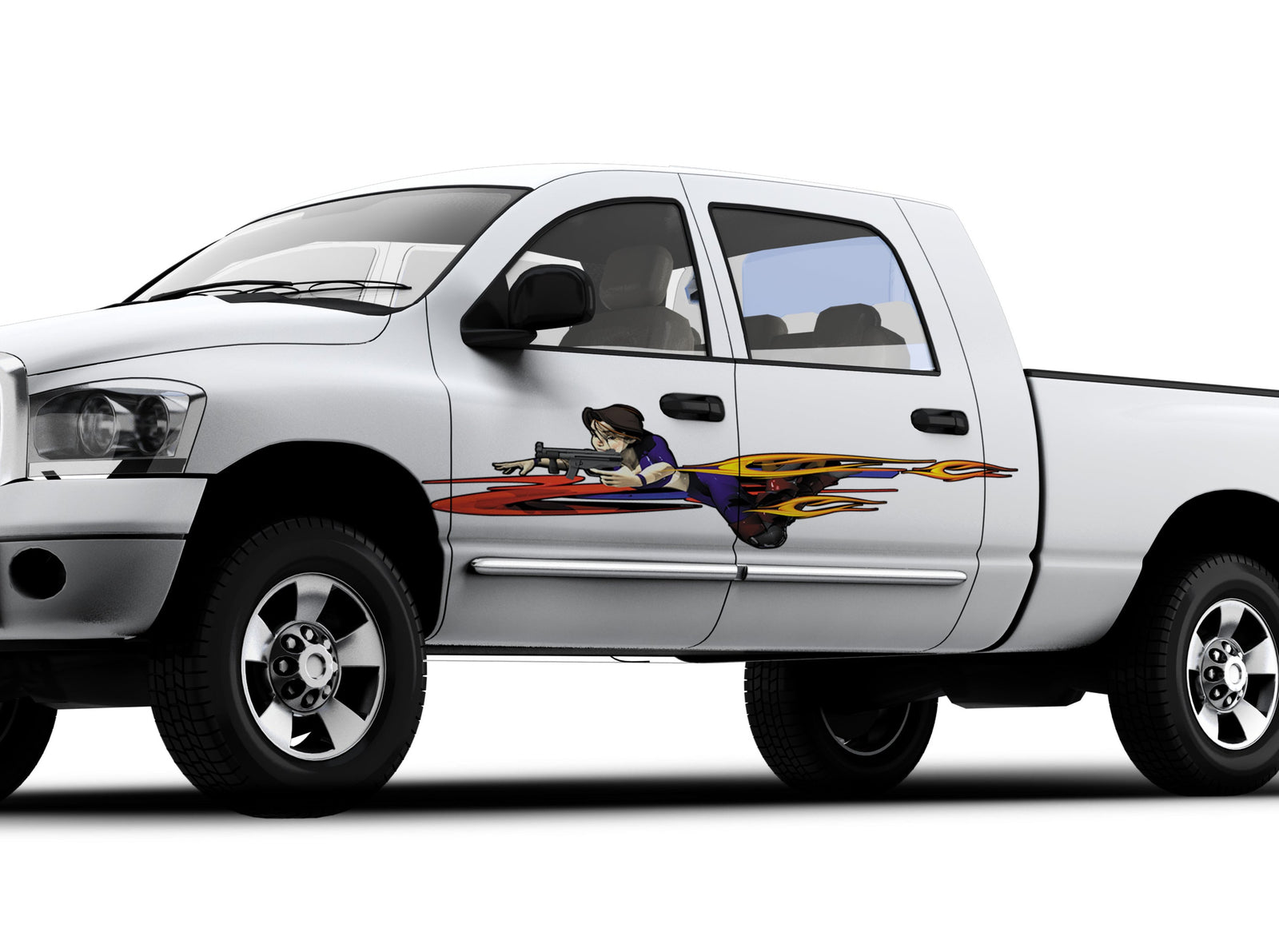 Anime battling girl graphics on the side of white truck