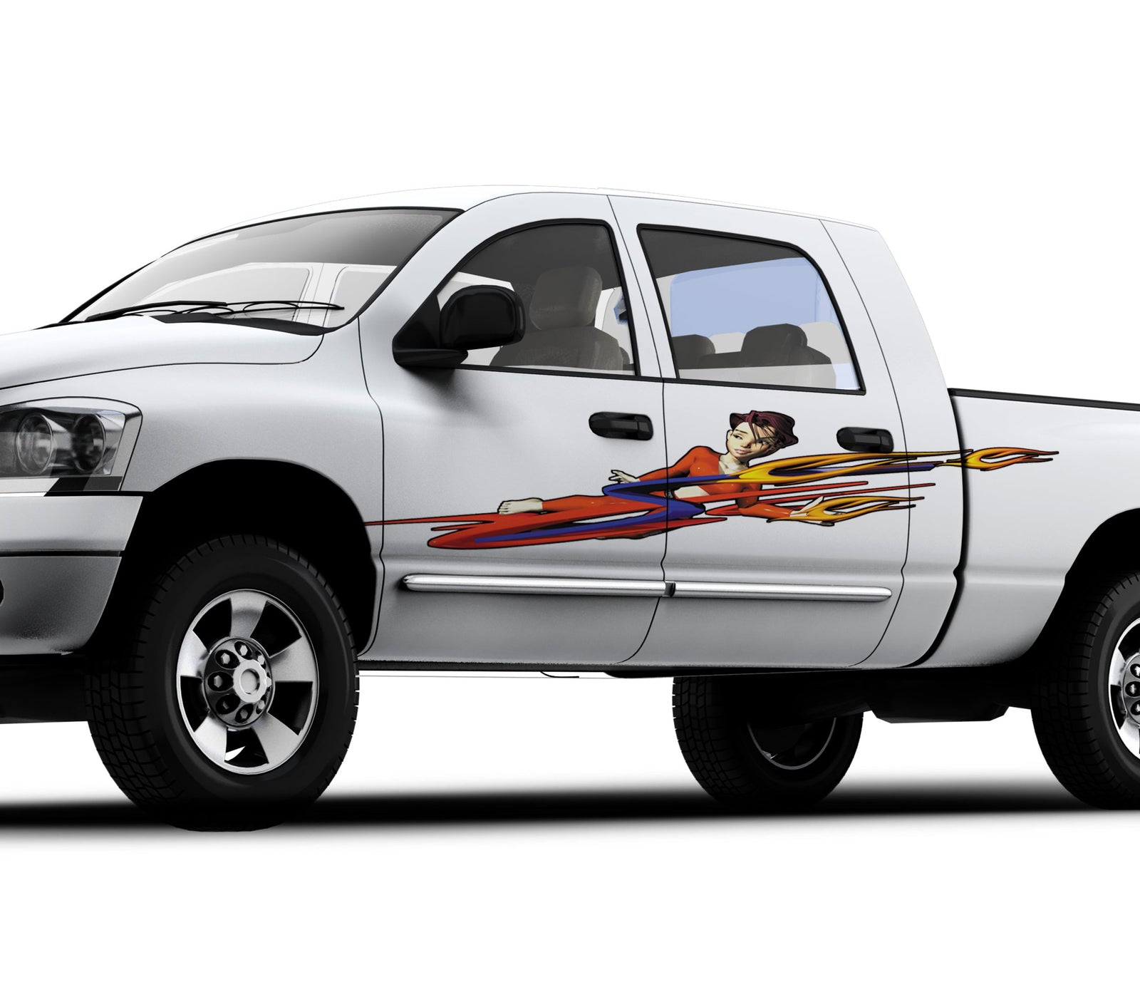 Anime girl vinyl graphics on the side of white truck