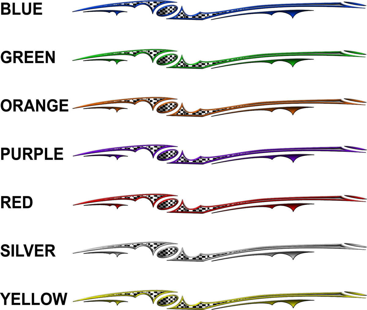 Aurora checkered flag stripe decals displayed in blue, green, orange, purple, red, silver and yellow with color names listed beside each set.