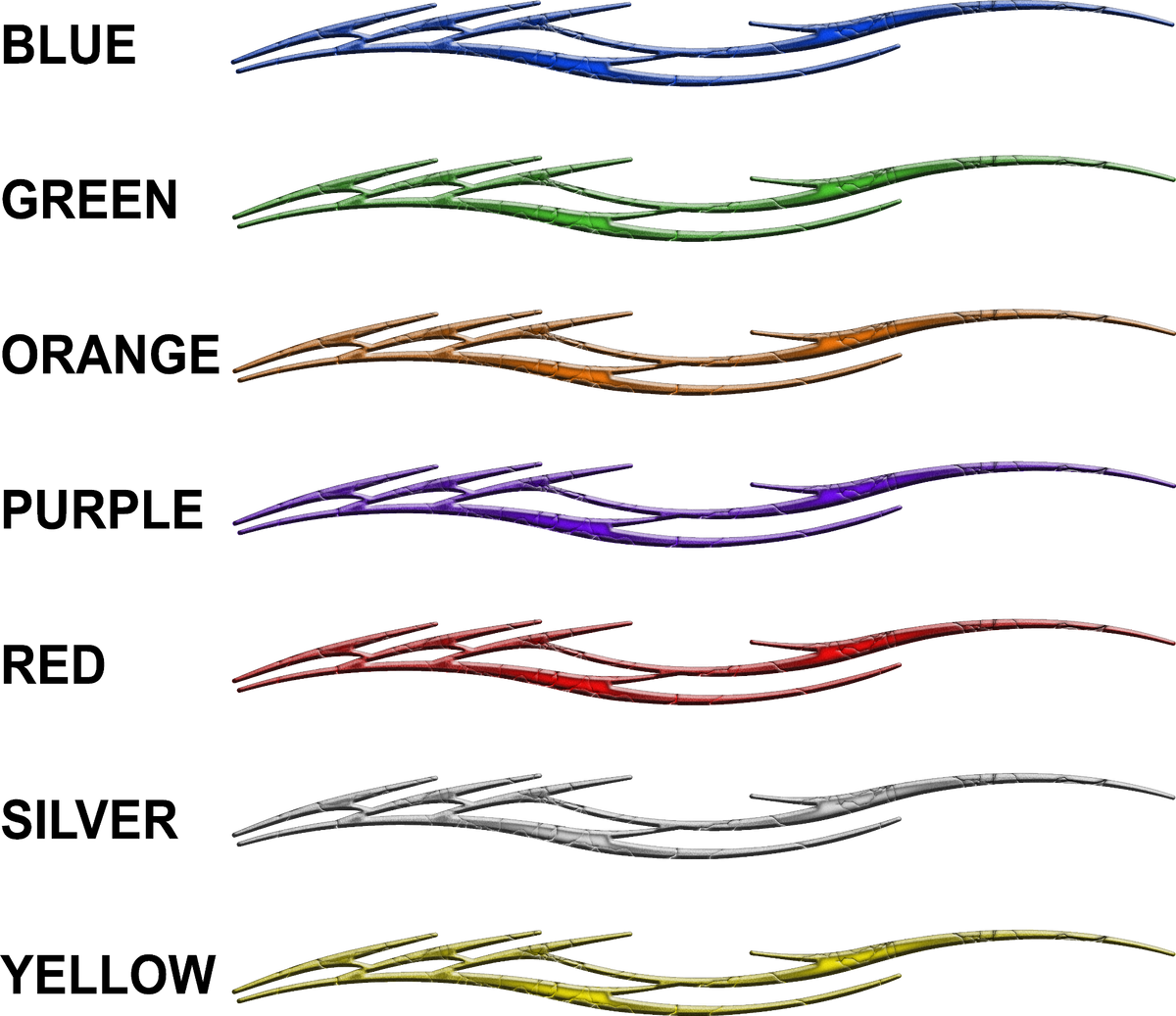 Barbwire-style stripe decals shown in blue, green, orange, purple, red, silver and yellow on black background with color names listed beside each set.