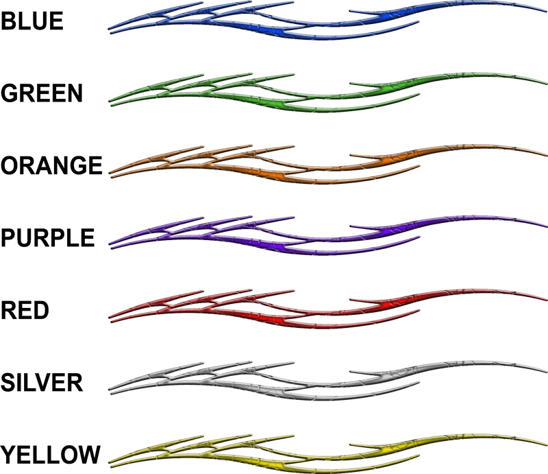 Barbwire-style stripe decals shown in blue, green, orange, purple, red, silver and yellow on black background with color names listed beside each set.