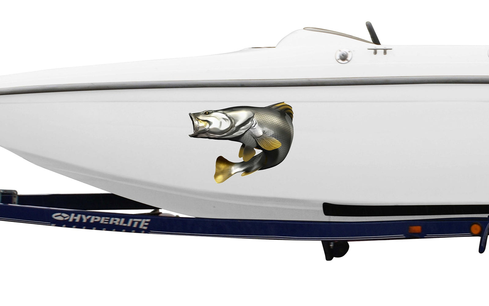 Barramundi fish decal on the side of a boat