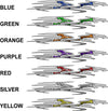 Beast Lightning vehicle decals shown in blue, green, orange, purple, red, silver and yellow with lightning fill and silver outline, color names listed beside each set.