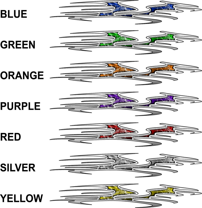 Beast Lightning vehicle decals shown in blue, green, orange, purple, red, silver and yellow with lightning fill and silver outline, color names listed beside each set.