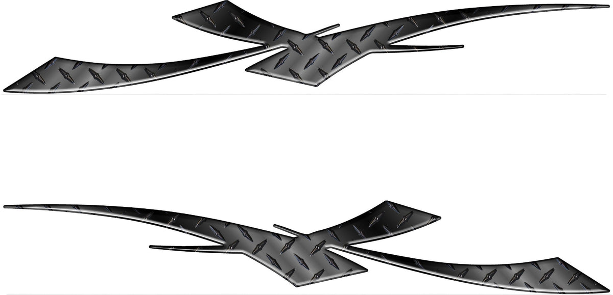 Black and silver Diamond Plate Strike vinyl decals with metallic tread pattern, pointed ends and separated angular sections