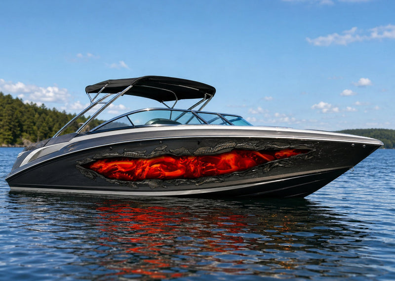 Black and silver speedboat on the water with red dragon tear boat decals on the hull.