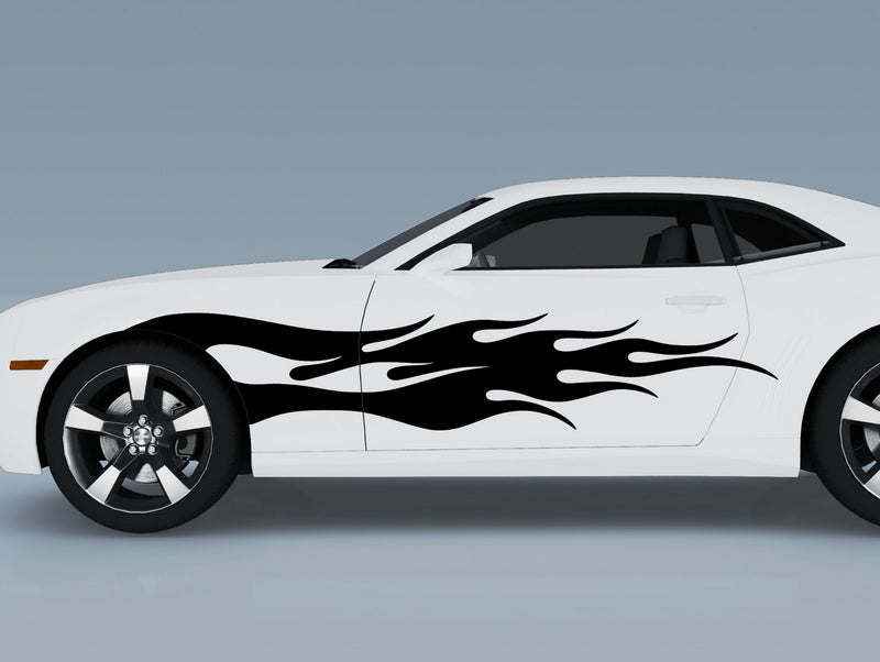 Black classic flame vinyl decals on white Camaro side door graphics