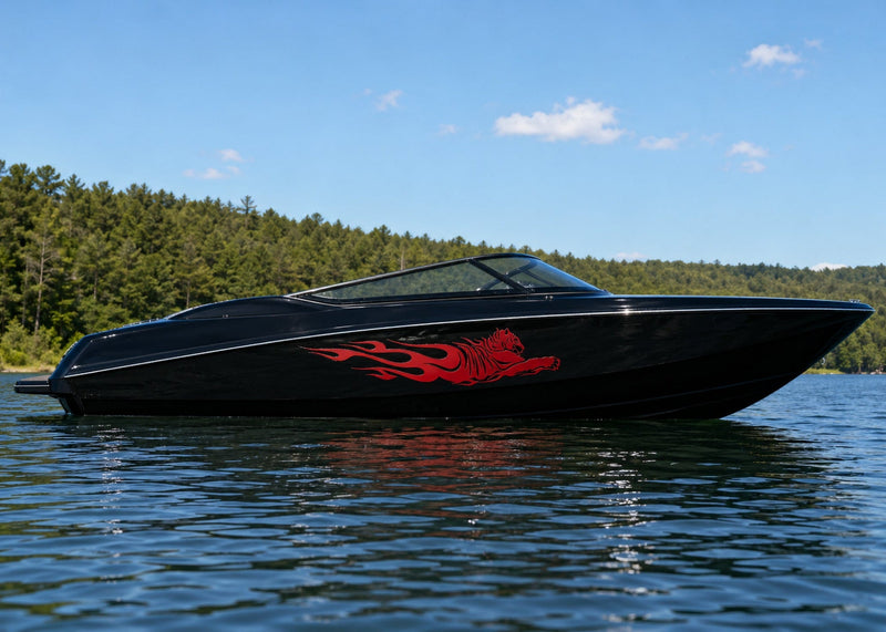 Black speedboat with a red tiger flame decal on a calm lake with trees in the background