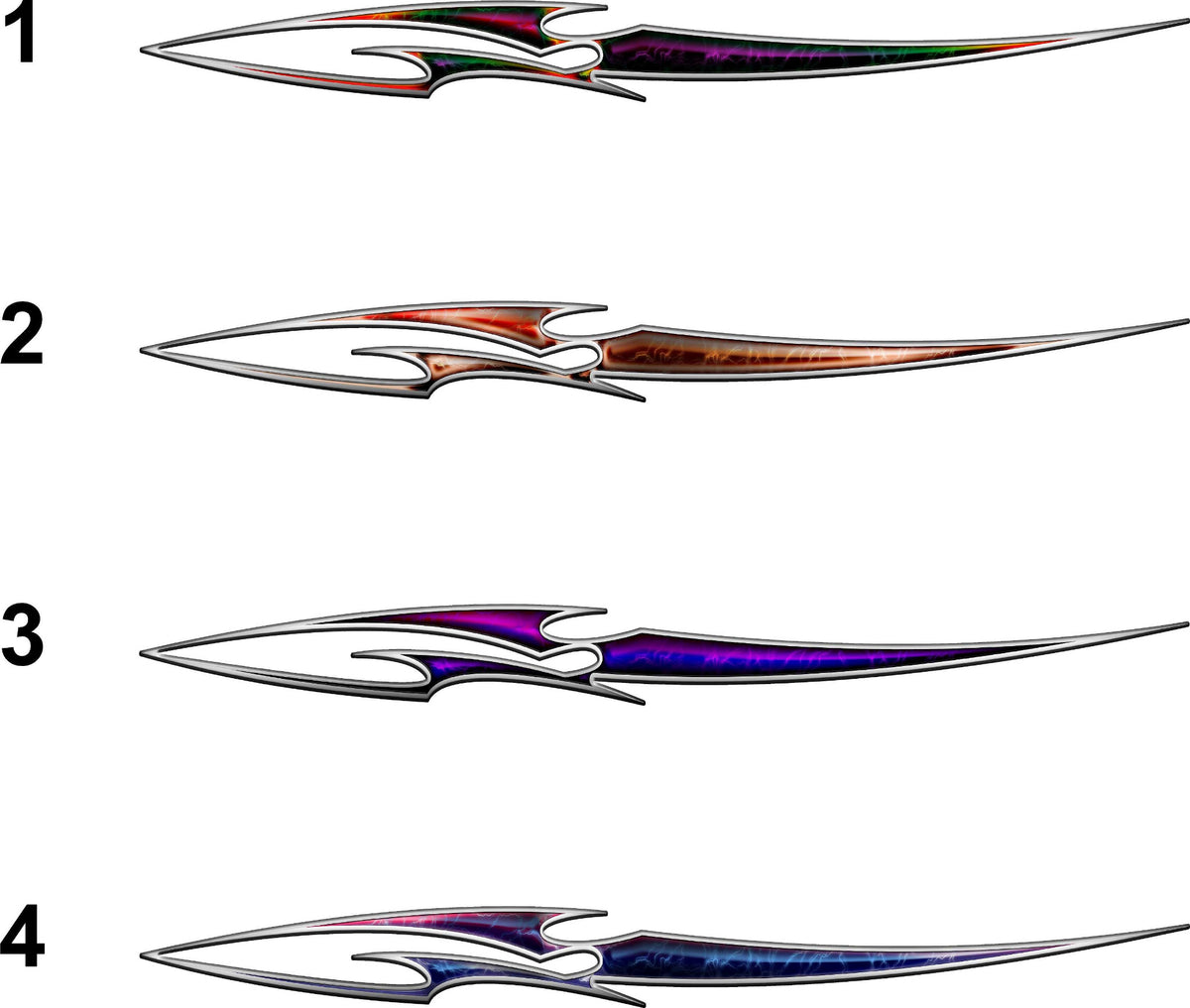 Blade Neon Storm Stripe decal styles 1 to 4 showing four vivid neon color variations, long blade stripe design for cars and trucks