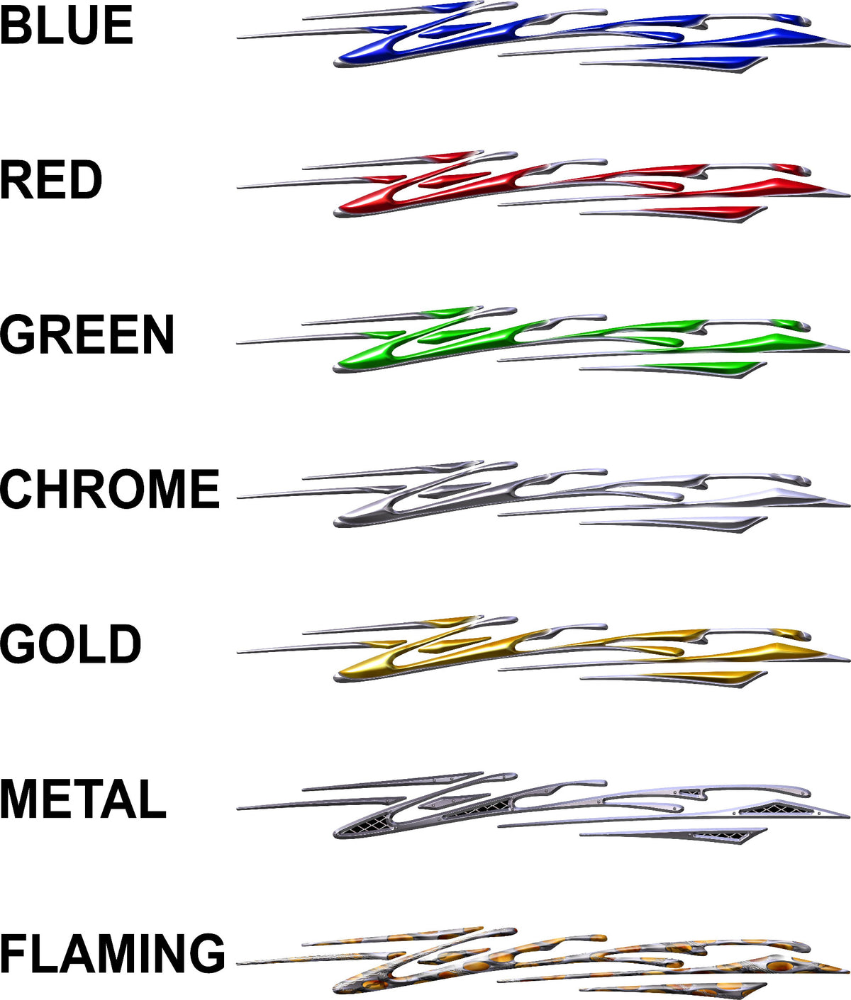 Blade Streak vehicle decals in blue red green chrome gold metal and flaming styles