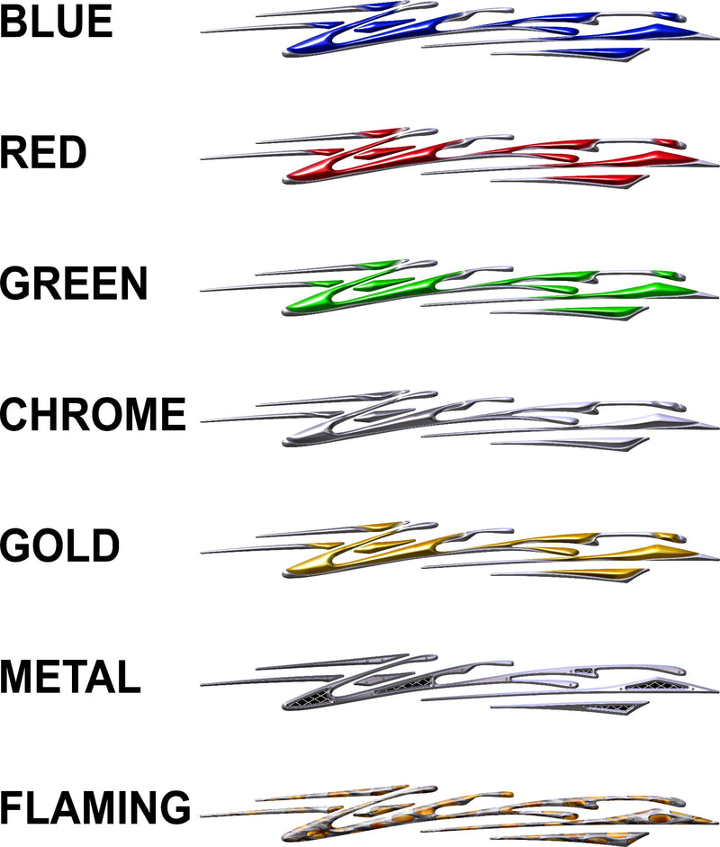 Blade Streak vehicle decals in blue red green chrome gold metal and flaming styles