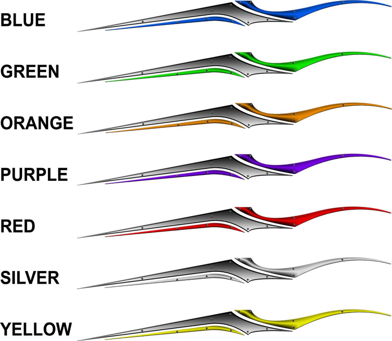 Blade Sword boat decals shown in seven accent colors blue green orange purple red silver yellow