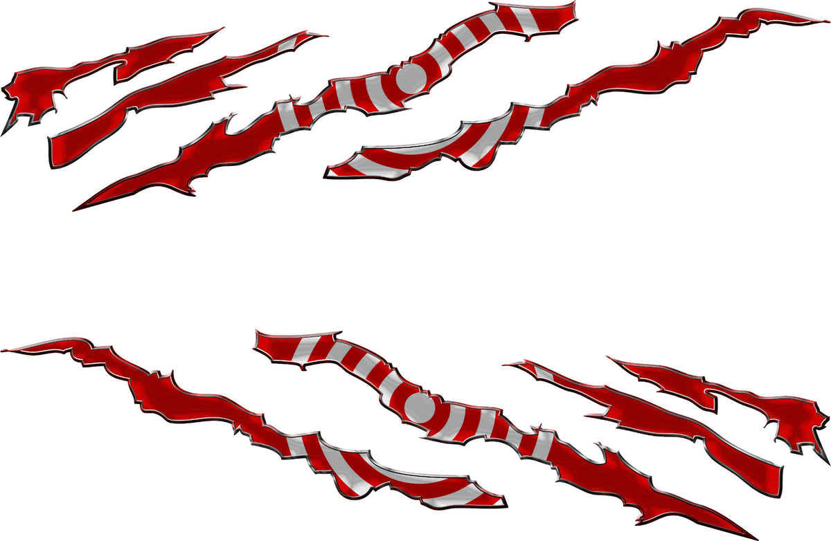 Bullseye decal stripes mirrored set of two in red with silver bullseye accents and jagged racing stripe edges