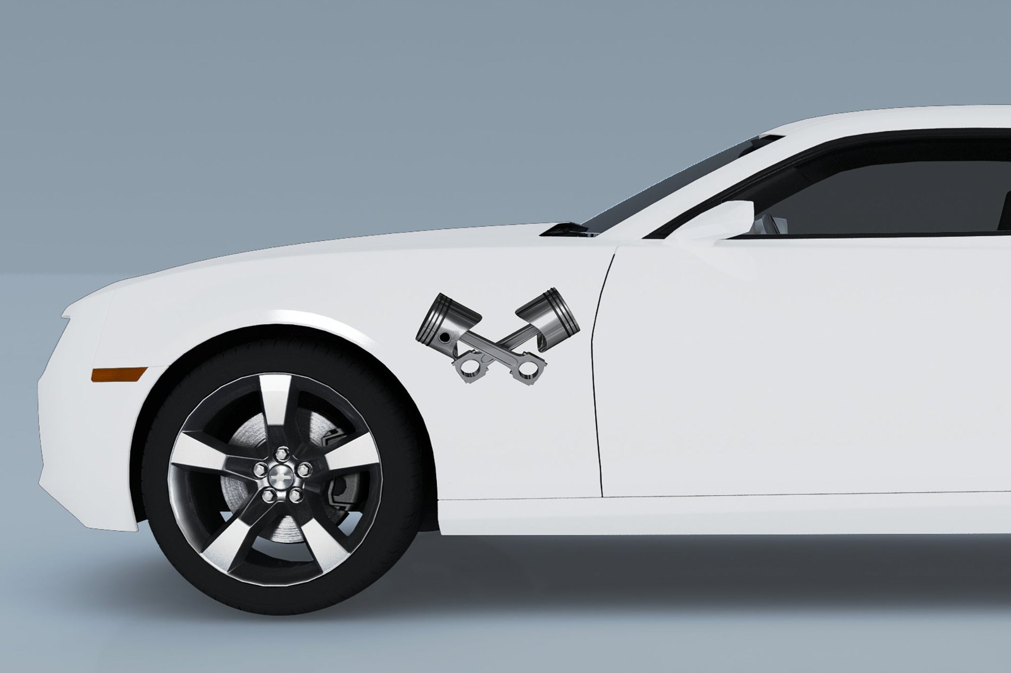 Camaro Car with chrome piston vinyl graphics on fender side