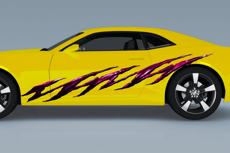 yellow Camaro car with jagged megenta vinyl decal on its side