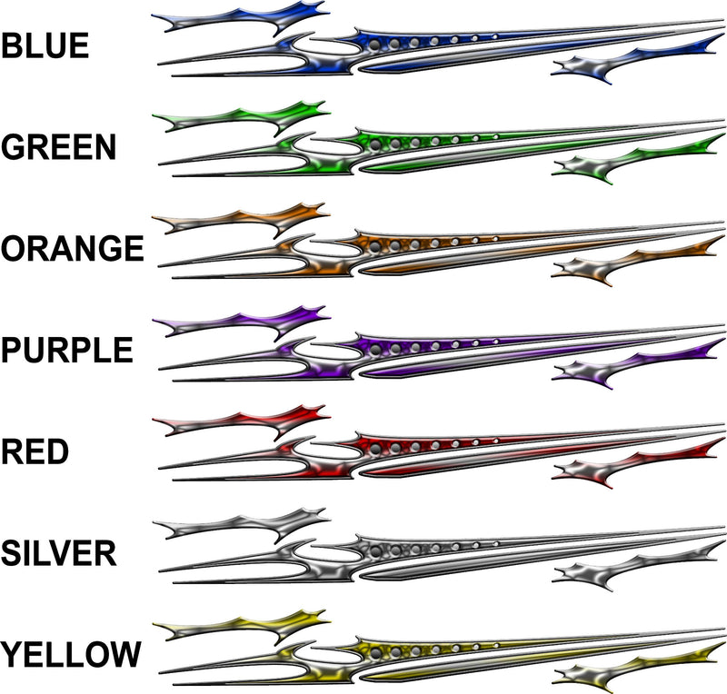 Cataclysm stripe decals displayed in blue, green, orange, purple, red, silver and yellow with matching accent pieces and color names listed beside each set