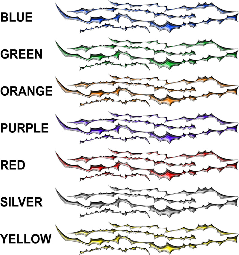 Chaos racing stripe decal color options showing blue, green, orange, purple, red, silver, and yellow variations with a four-stripe layout