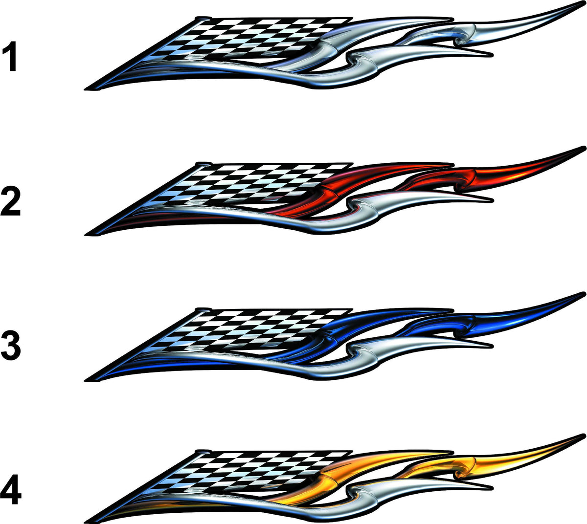 Checkered Racing Wing vinyl decal styles 1 to 4 chrome, red, blue, yellow