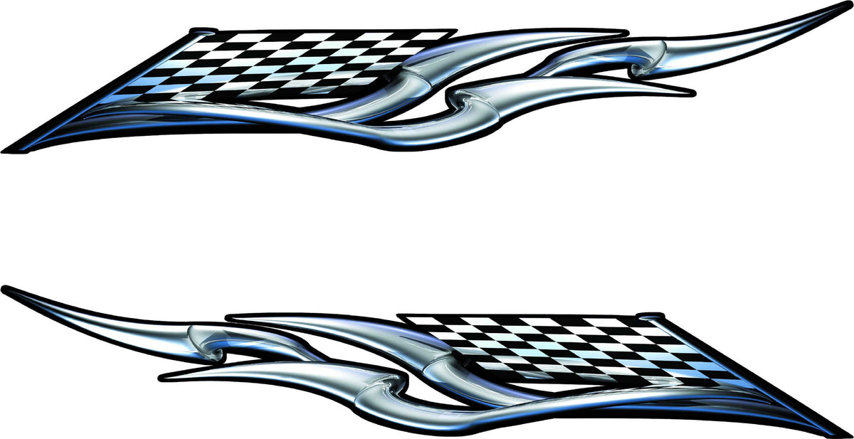 Checkered flag front with spear tail racing wing decals, pair for vehicle sides