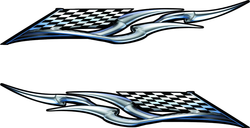 Checkered flag front with spear tail racing wing decals, pair for vehicle sides