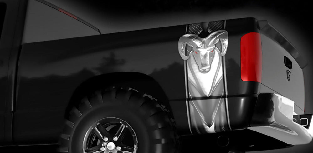 chrome ram animal decal on black truck bed band