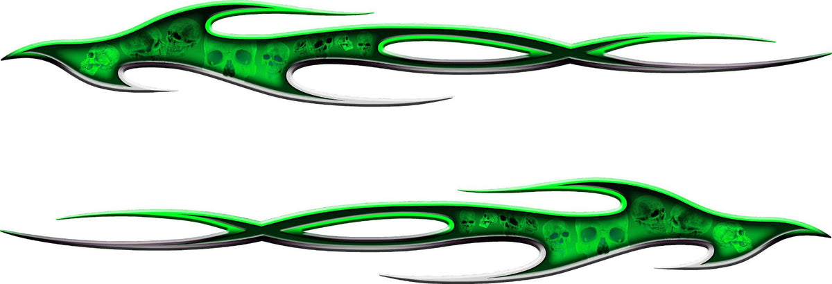 Close-up of neon green flame stripe with ghosted skulls printed inside the graphic