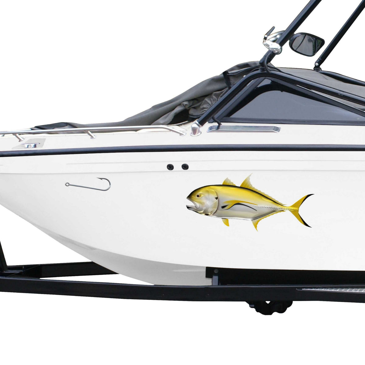 Crevalle Jack chasing fish hook decals on the side of a boat