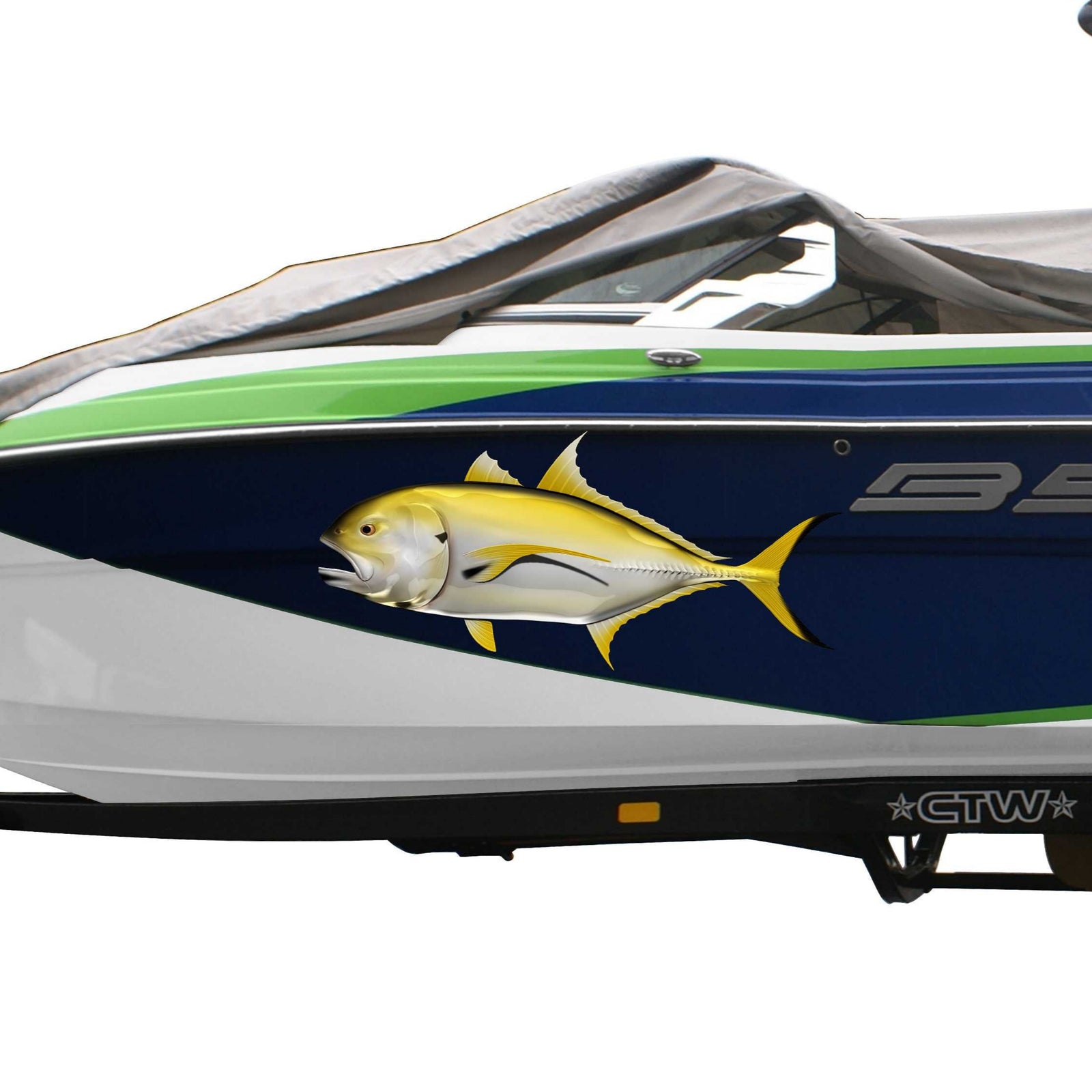 Crevalle Jack fish decal on the side of blue boat