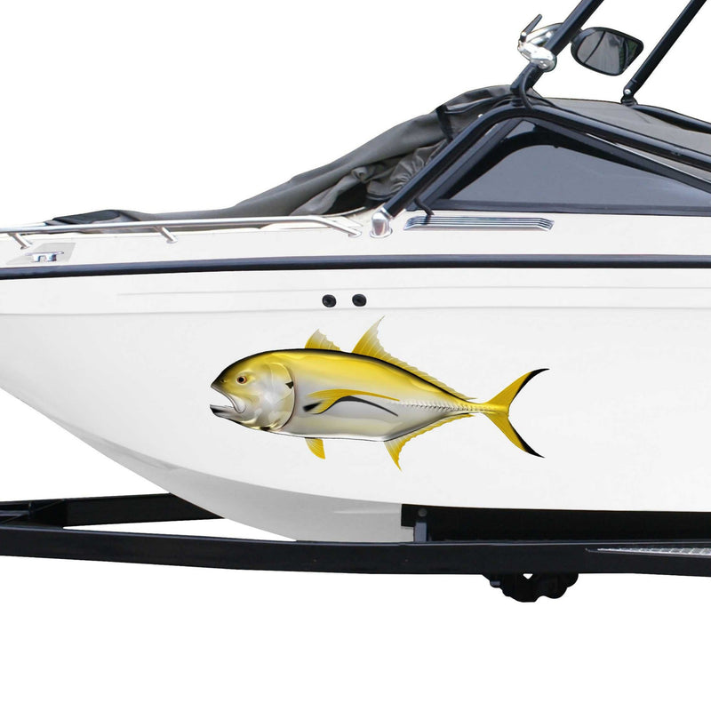 Crevalle Jack vinyl graphics on the side of white boat