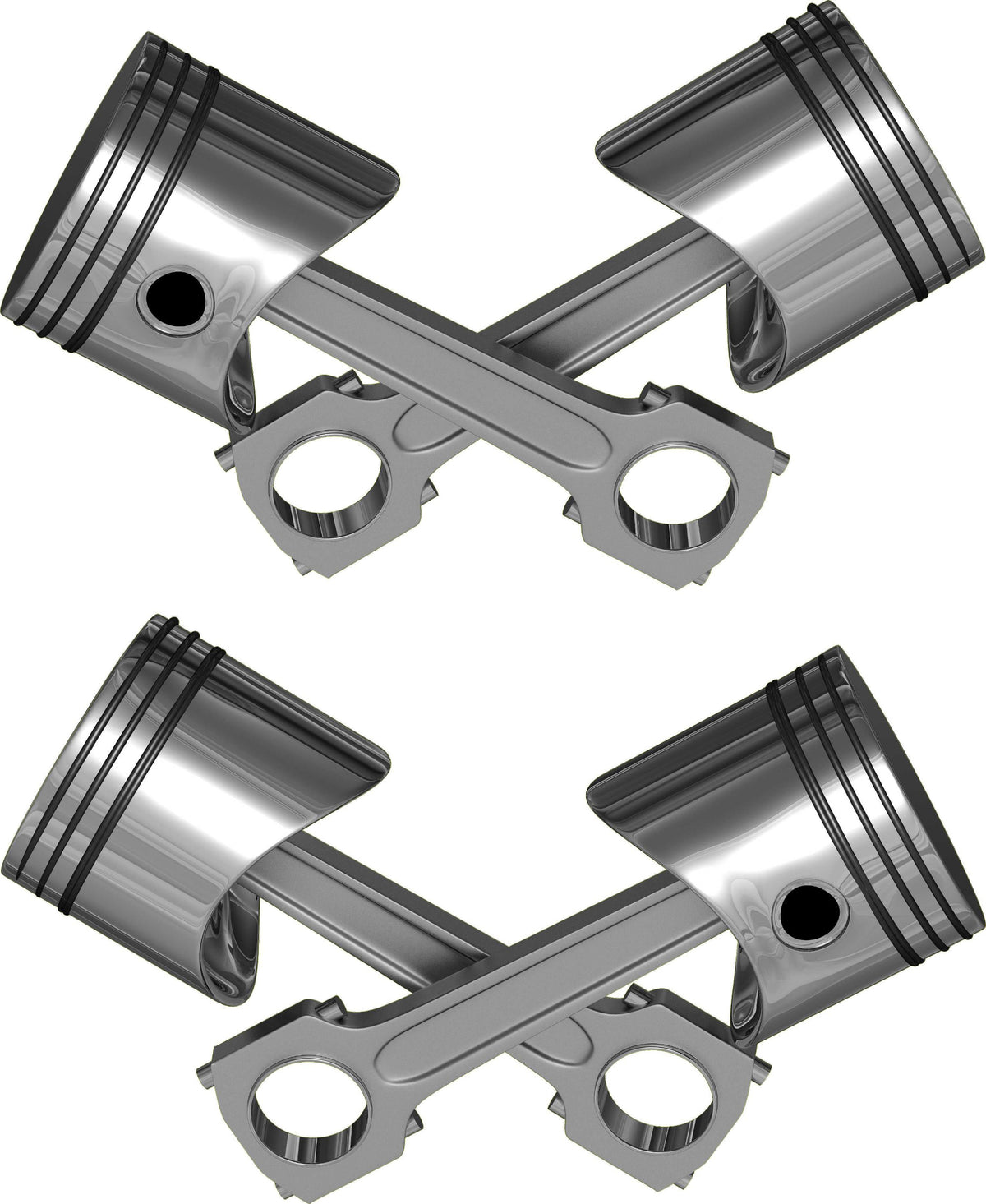 Crossed chrome pistons illusion vinyl decal — left/right mirrored pair
