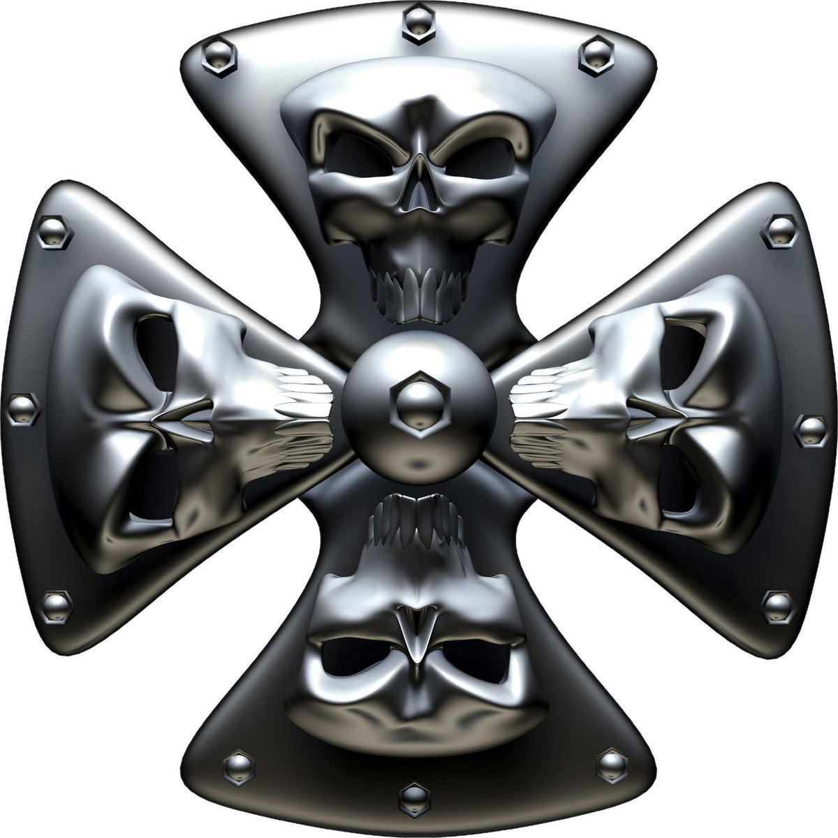 Dark chrome Maltese cross with four skulls vinyl decal design