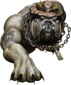 Devil dog bulldog tailgate vinyl decal with heavy chain and rugged hat detail, high-detail printed graphic on white background