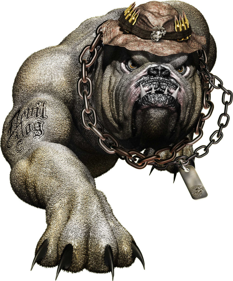 Devil dog bulldog tailgate vinyl decal with heavy chain and rugged hat detail, high-detail printed graphic on white background