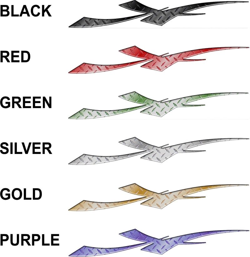 Diamond Plate Strike vehicle side decals shown in black, red, green, silver, gold and purple printed finishes