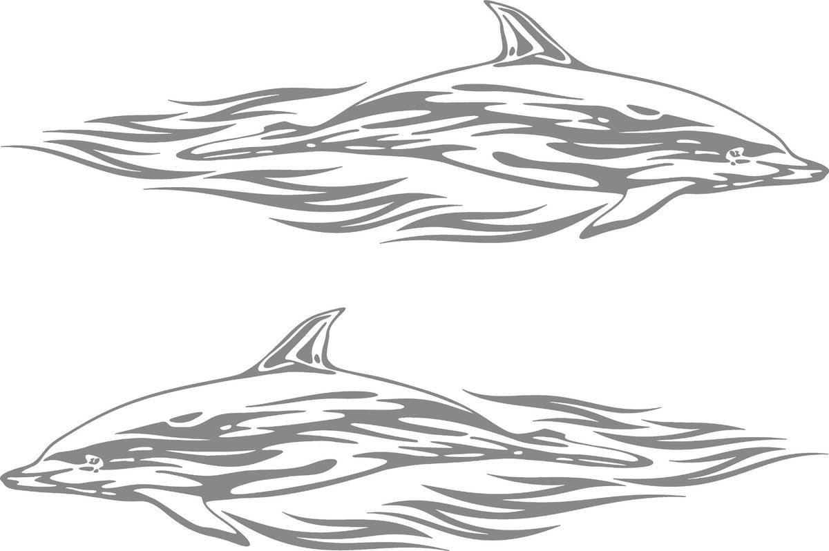 Dolphin Splash vinyl boat decals, mirrored left and right facing, solid color cut.
