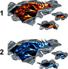 Dragon tear hood decal set showing orange and blue dragon options with chrome ripped metal edges