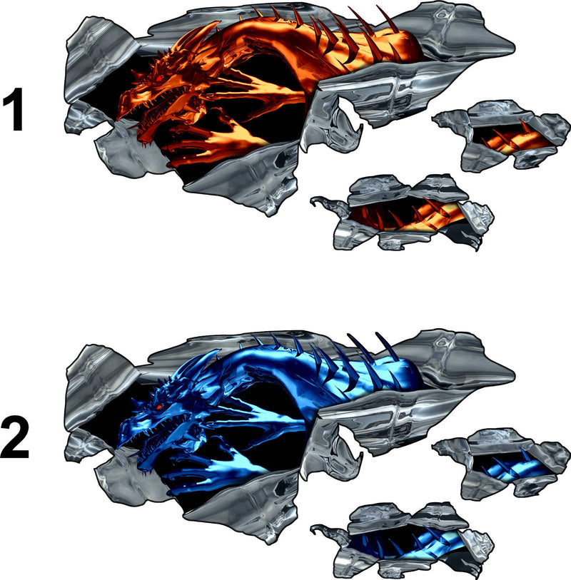 Dragon tear hood decal set showing orange and blue dragon options with chrome ripped metal edges