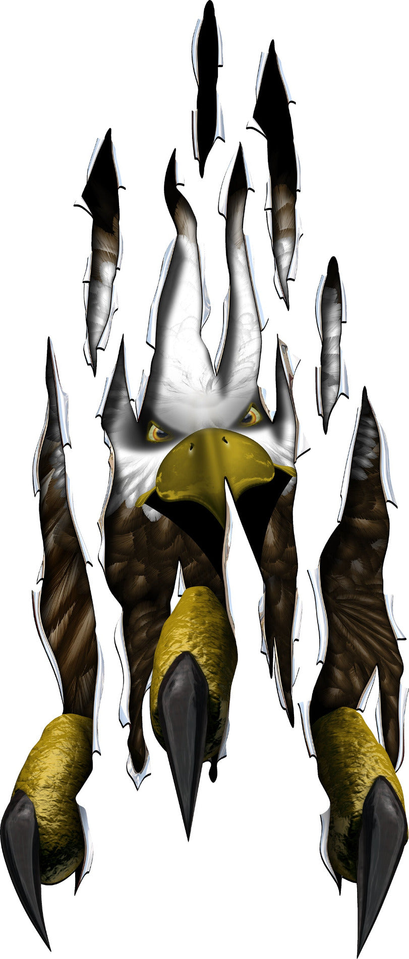 Eagle talon rip through metal hood decal with sharp claws and shredded openings